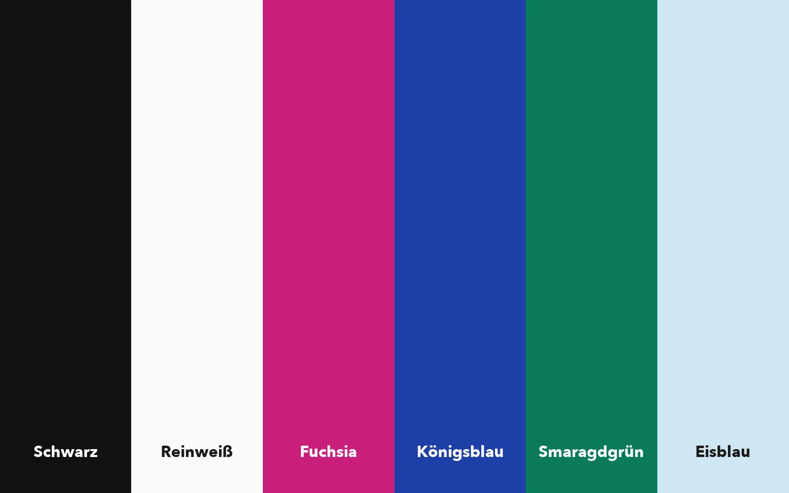 Farbpalette des Wintertyps: Schwarz, Reinweiß, Fuchsia, Königsblau, Smaragdgrün und Eisblau